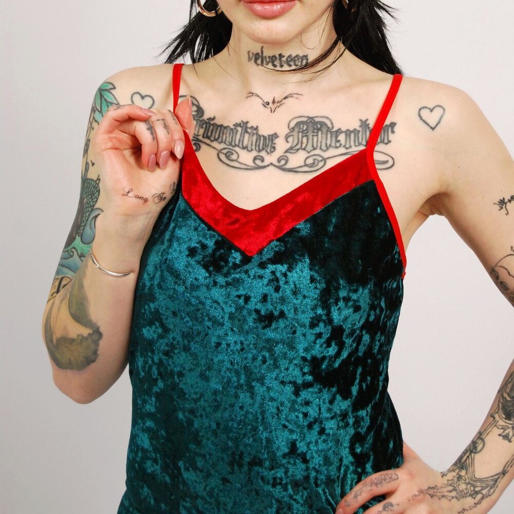 Y2K Velvet Bodycon Mini Dress (XS) green red vintage holiday christmas sexy slip - Picture 7 of 7